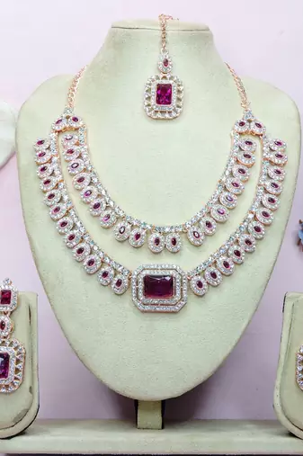 Purple rose gold premium designer american diamond and stone work necklace set