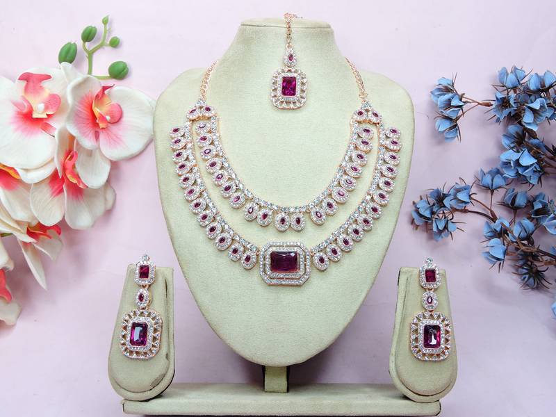 Purple rose gold premium designer american diamond and stone work necklace set