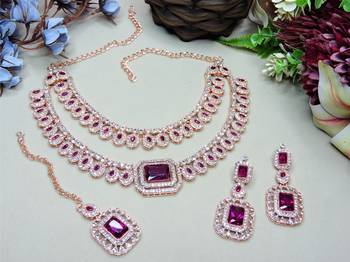 Purple rose gold premium designer american diamond and stone work necklace set 2