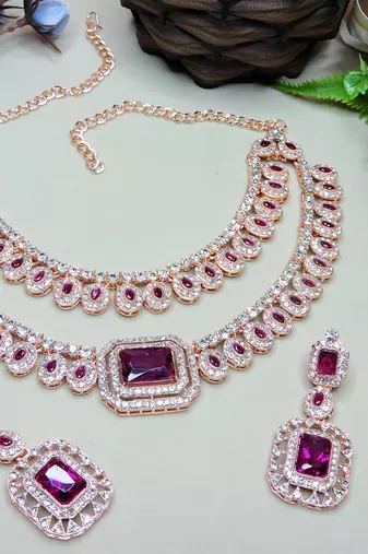 Purple rose gold premium designer american diamond and stone work necklace set