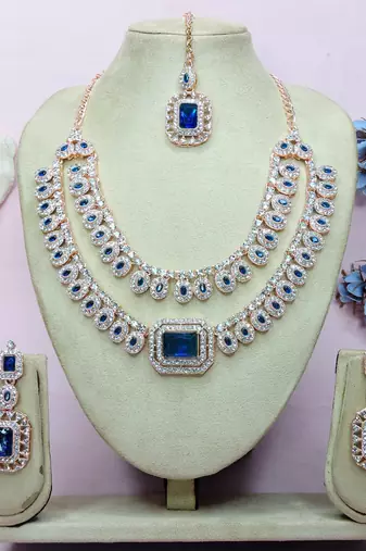 Blue rose gold premium designer american diamond and stone work necklace set