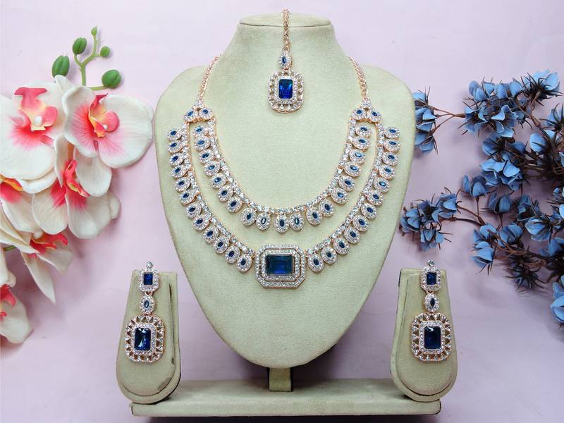 Blue rose gold premium designer american diamond and stone work necklace set