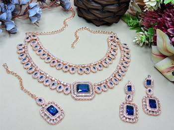 Blue rose gold premium designer american diamond and stone work necklace set 2