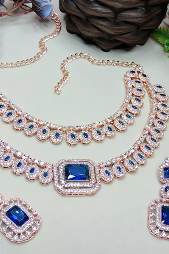 Blue rose gold premium designer american diamond and stone work necklace set