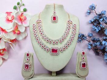 Pink rose gold premium designer american diamond and stone work necklace set 1
