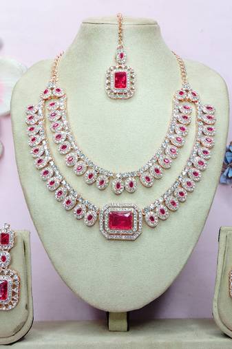 Pink rose gold premium designer american diamond and stone work necklace set