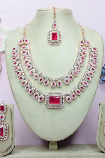 Pink rose gold premium designer american diamond and stone work necklace set