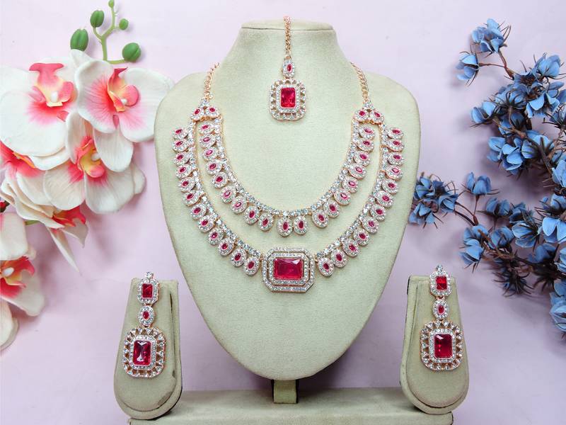 Pink rose gold premium designer american diamond and stone work necklace set