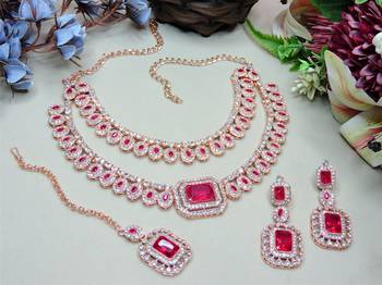 Pink rose gold premium designer american diamond and stone work necklace set 2