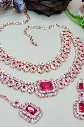 Pink rose gold premium designer american diamond and stone work necklace set