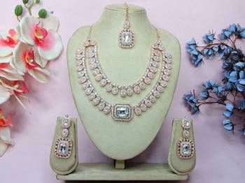 White rose gold premium designer american diamond and stone work necklace set 1