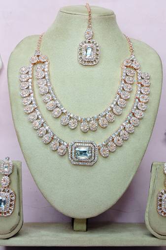 White rose gold premium designer american diamond and stone work necklace set
