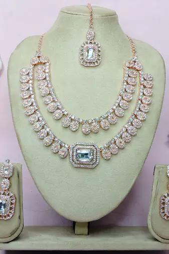 White rose gold premium designer american diamond and stone work necklace set