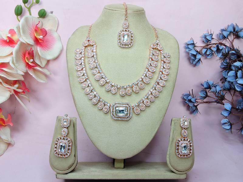 White rose gold premium designer american diamond and stone work necklace set