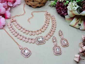 White rose gold premium designer american diamond and stone work necklace set 2