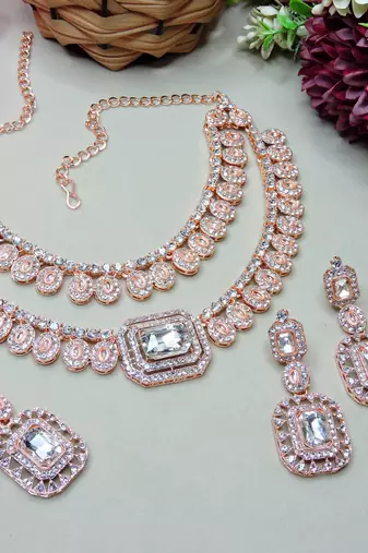 White rose gold premium designer american diamond and stone work necklace set