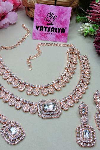 White rose gold premium designer american diamond and stone work necklace set
