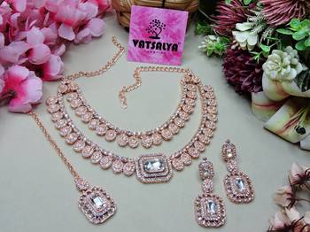 White rose gold premium designer american diamond and stone work necklace set 2