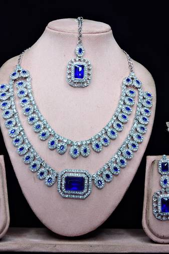 Blue rhodium premium designer american diamond and stone work necklace set