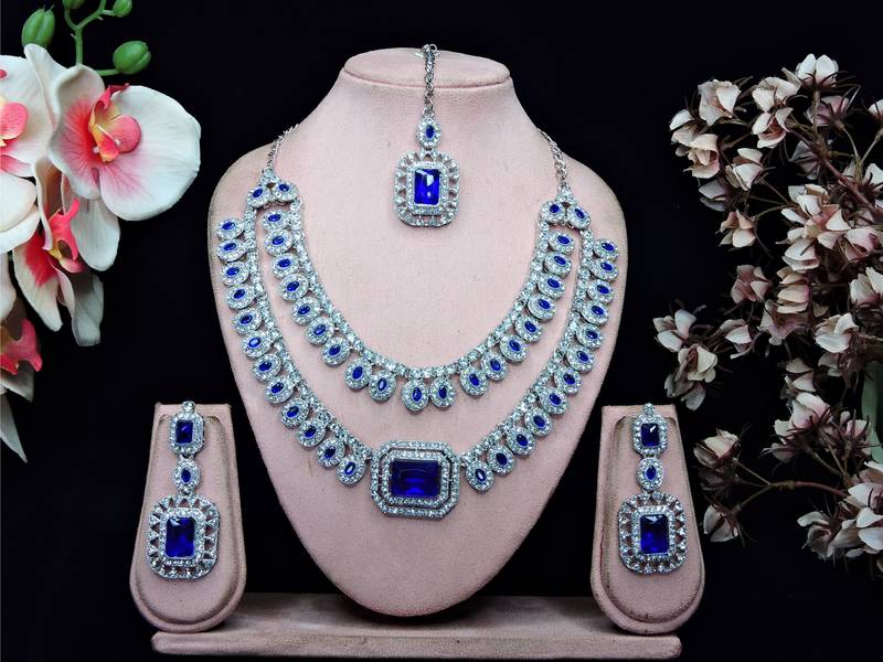 Blue rhodium premium designer american diamond and stone work necklace set