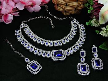 Blue rhodium premium designer american diamond and stone work necklace set 2