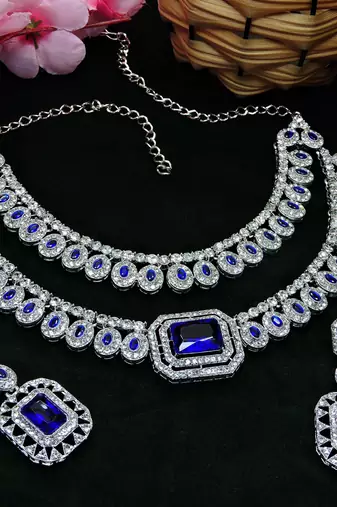 Blue rhodium premium designer american diamond and stone work necklace set