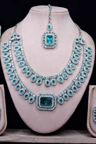 Green rhodium premium designer american diamond and stone work necklace set