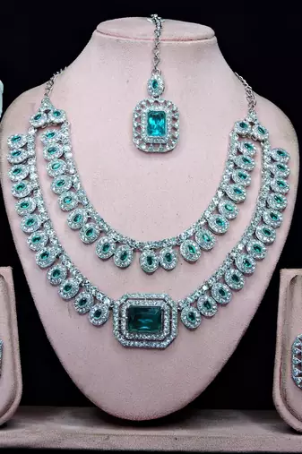 Green rhodium premium designer american diamond and stone work necklace set