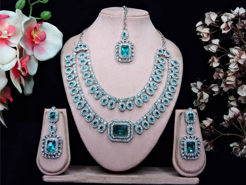 Green rhodium premium designer american diamond and stone work necklace set