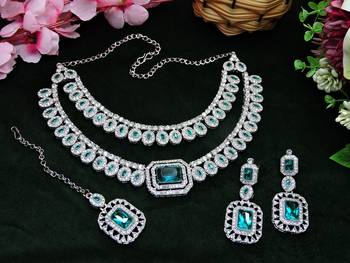 Green rhodium premium designer american diamond and stone work necklace set 2