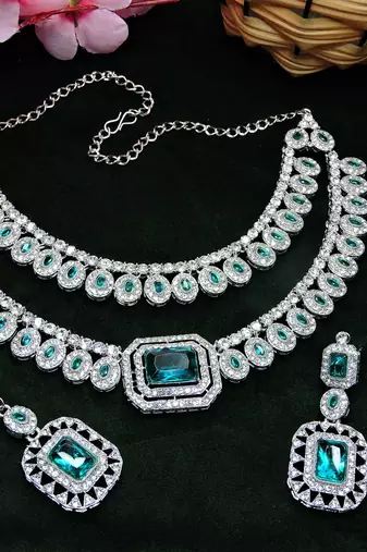 Green rhodium premium designer american diamond and stone work necklace set