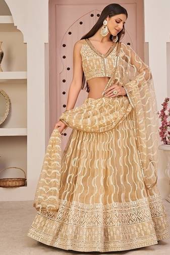 Beige Net Embroidered & Zari Work Semi Stitched Lehenga Choli