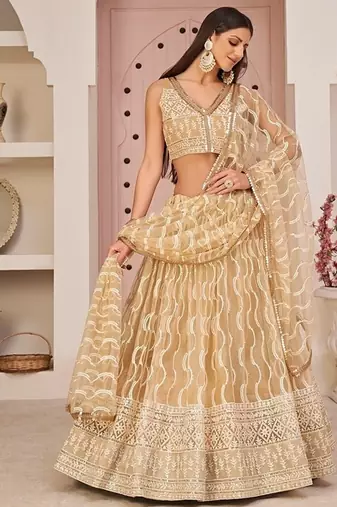 Beige Net Embroidered & Zari Work Semi Stitched Lehenga Choli