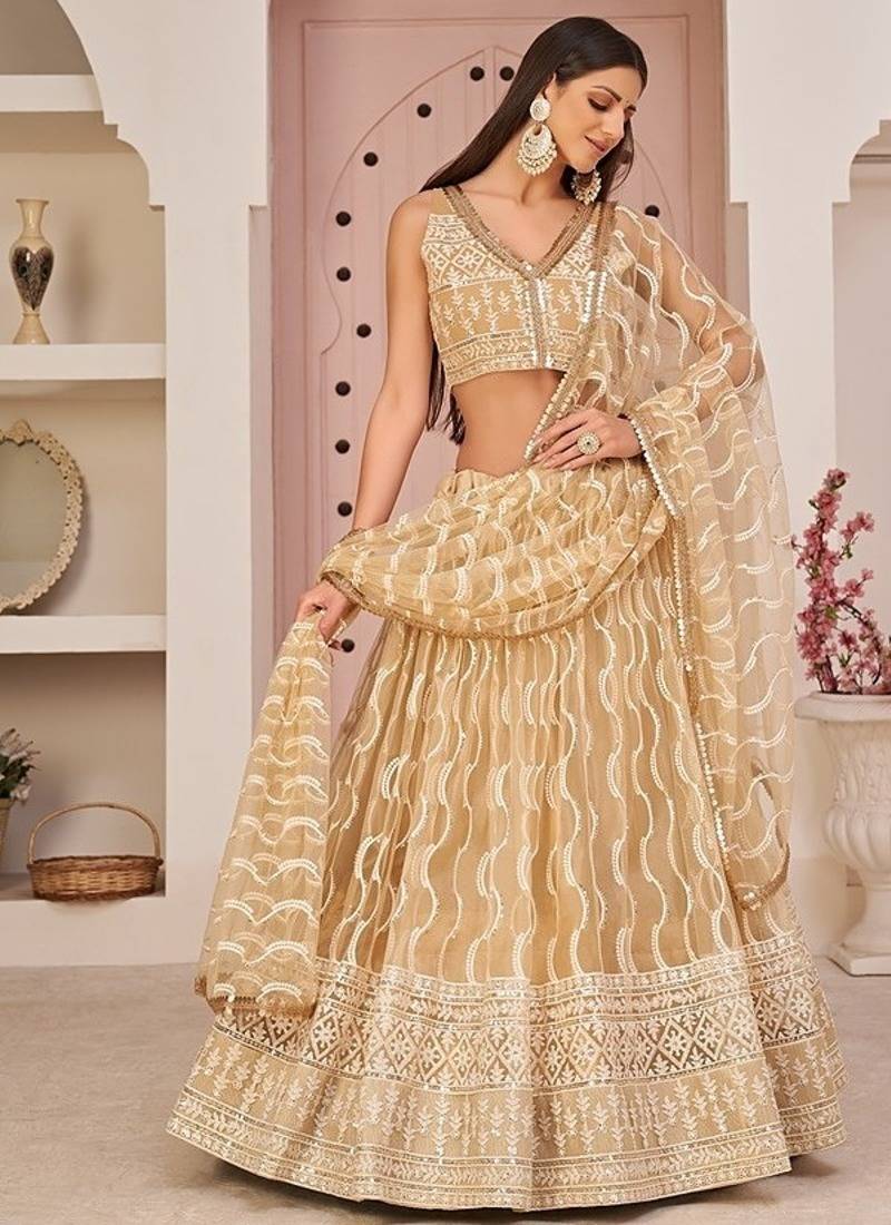 Beige Net Embroidered & Zari Work Semi Stitched Lehenga Choli