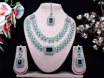 Green rhodium premium designer american diamond and stone work necklace set 1