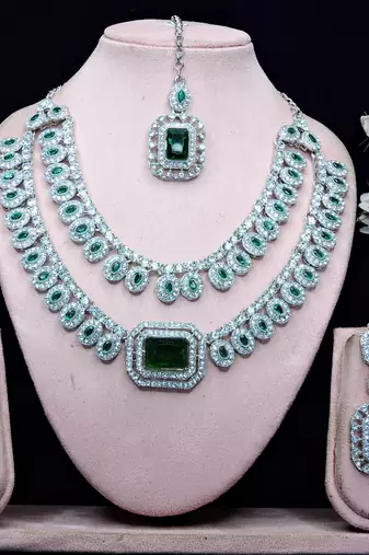Green rhodium premium designer american diamond and stone work necklace set
