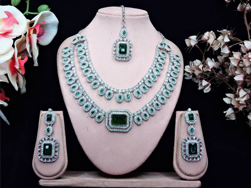Green rhodium premium designer american diamond and stone work necklace set
