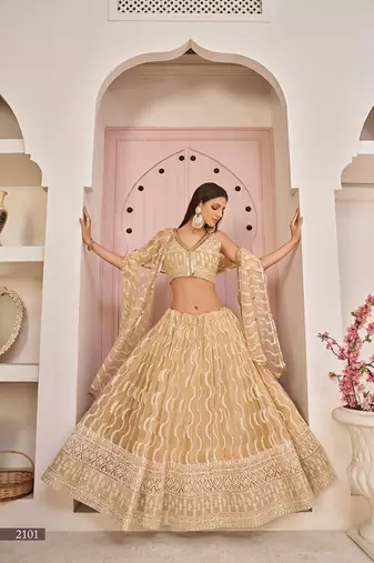 Beige Net Embroidered & Zari Work Semi Stitched Lehenga Choli