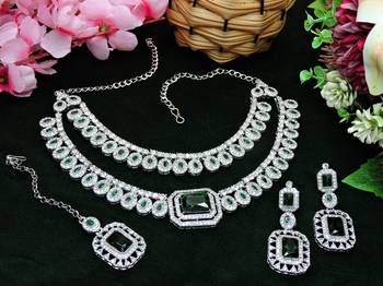 Green rhodium premium designer american diamond and stone work necklace set 2