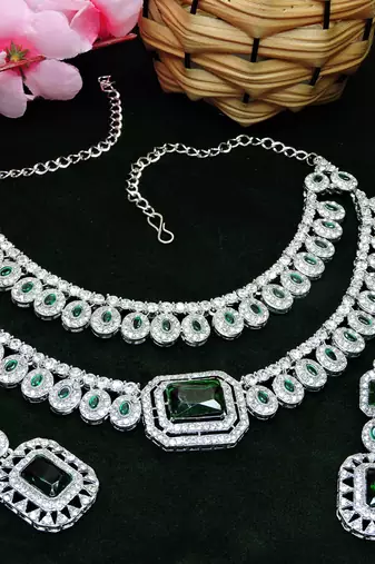 Green rhodium premium designer american diamond and stone work necklace set