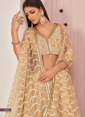 Beige Net Embroidered & Zari Work Semi Stitched Lehenga Choli 3