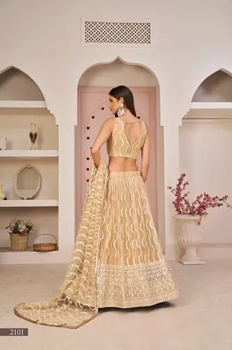 Beige Net Embroidered & Zari Work Semi Stitched Lehenga Choli