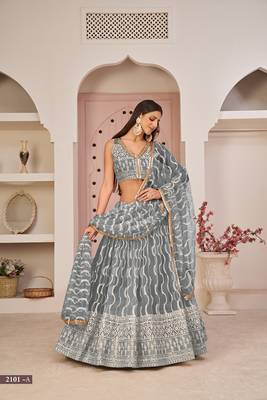 Grey Net Embroidered & Zari Work Semi Stitched Lehenga Choli 1