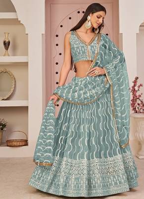Sea Green Net Embroidered & Zari Work Semi Stitched Lehenga Choli 1