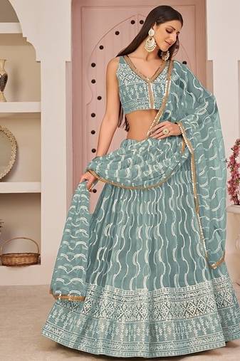Sea Green Net Embroidered & Zari Work Semi Stitched Lehenga Choli