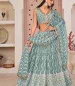 Sea Green Net Embroidered & Zari Work Semi Stitched Lehenga Choli
