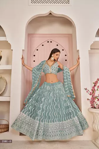Sea Green Net Embroidered & Zari Work Semi Stitched Lehenga Choli