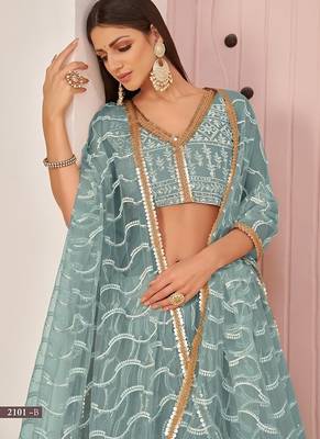 Sea Green Net Embroidered & Zari Work Semi Stitched Lehenga Choli 3