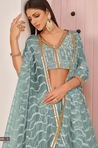Sea Green Net Embroidered & Zari Work Semi Stitched Lehenga Choli