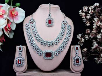 Maroon rhodium premium designer american diamond and stone work necklace set 1
